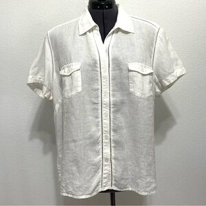 Eddie Bauer Woman 100% LINEN White Top Button down Short Sleeve Shirt Size XL